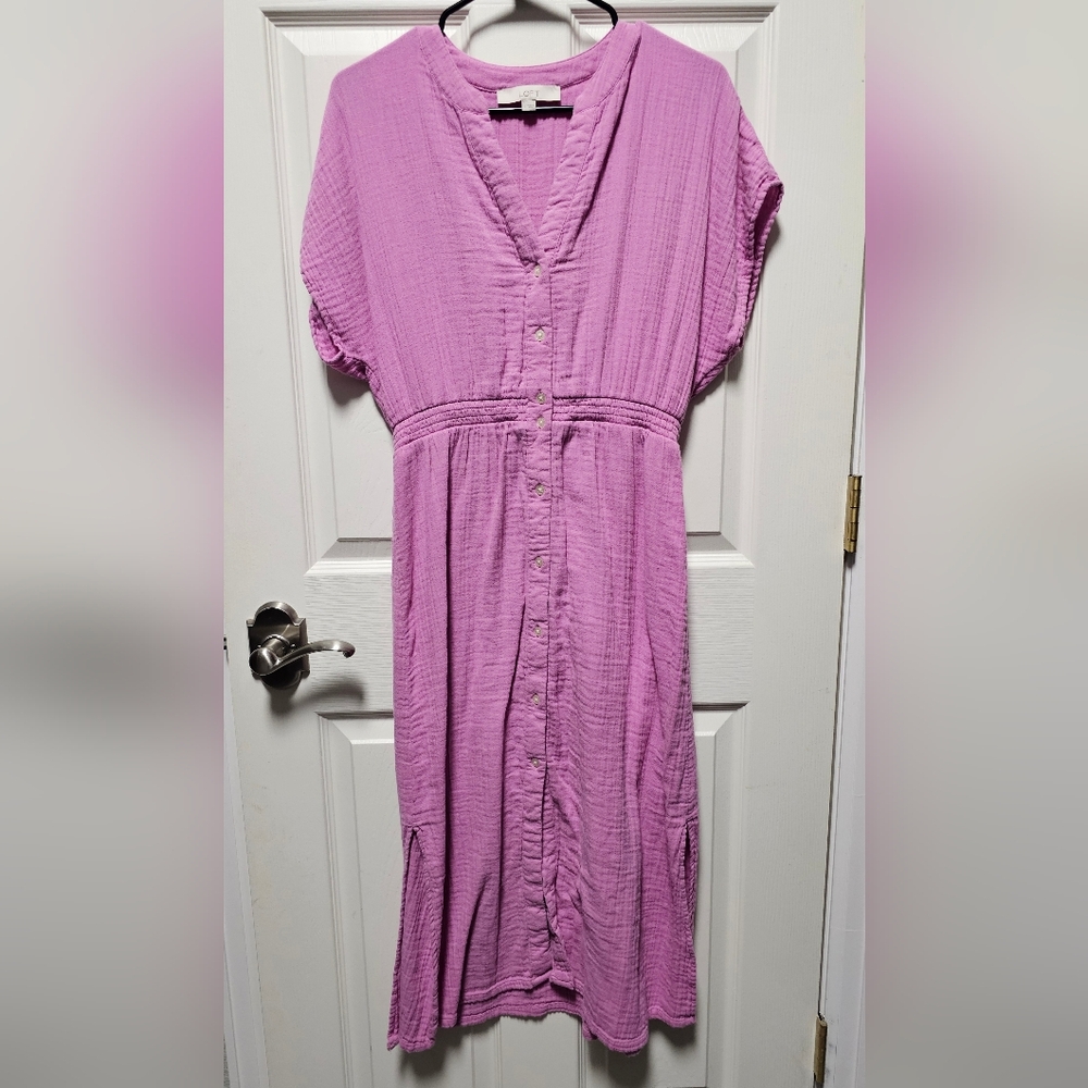 Ann Taylor LOFT Pink/Purple Button-Down Cotton Midi Dress - Size Small